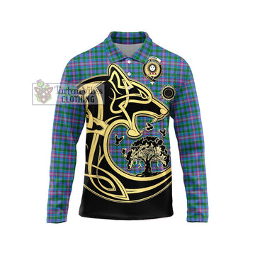 Pitcairn Tartan Long Sleeve Polo Shirt with Family Crest Celtic Wolf Style Unisex - Tartan Vibes Clothing