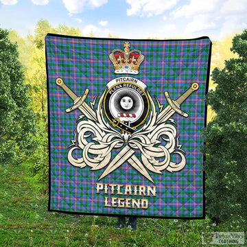 Pitcairn Tartan Quilt with Clan Crest and the Golden Sword of Courageous Legacy Super King Quilt 91" x 110" - Tartan Vibes Clothing