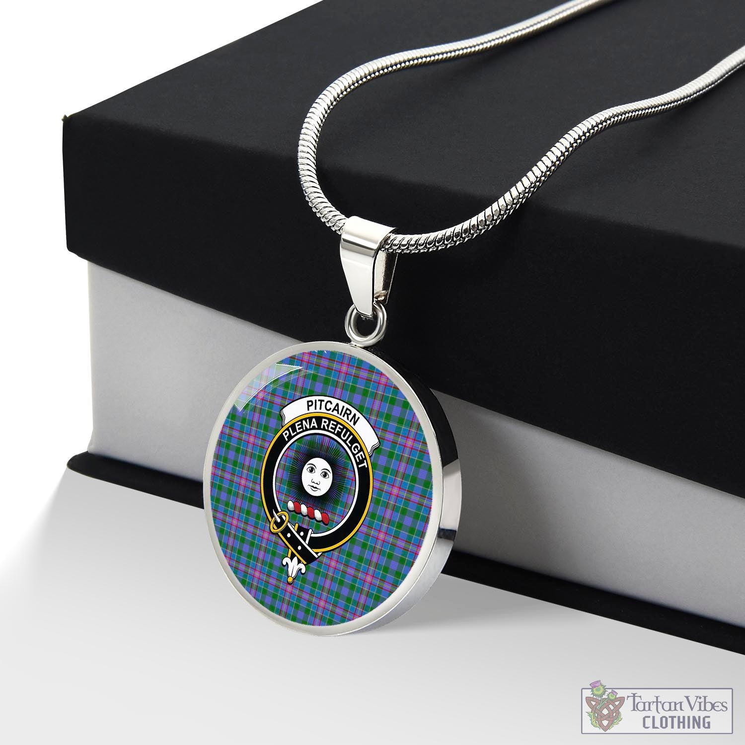 Tartan Vibes Clothing Pitcairn Hunting Tartan Circle Necklace with Family Crest