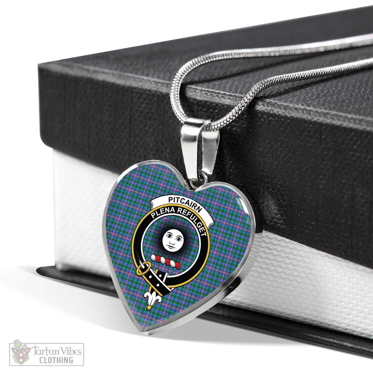 Tartan Vibes Clothing Pitcairn Hunting Tartan Heart Necklace with Family Crest