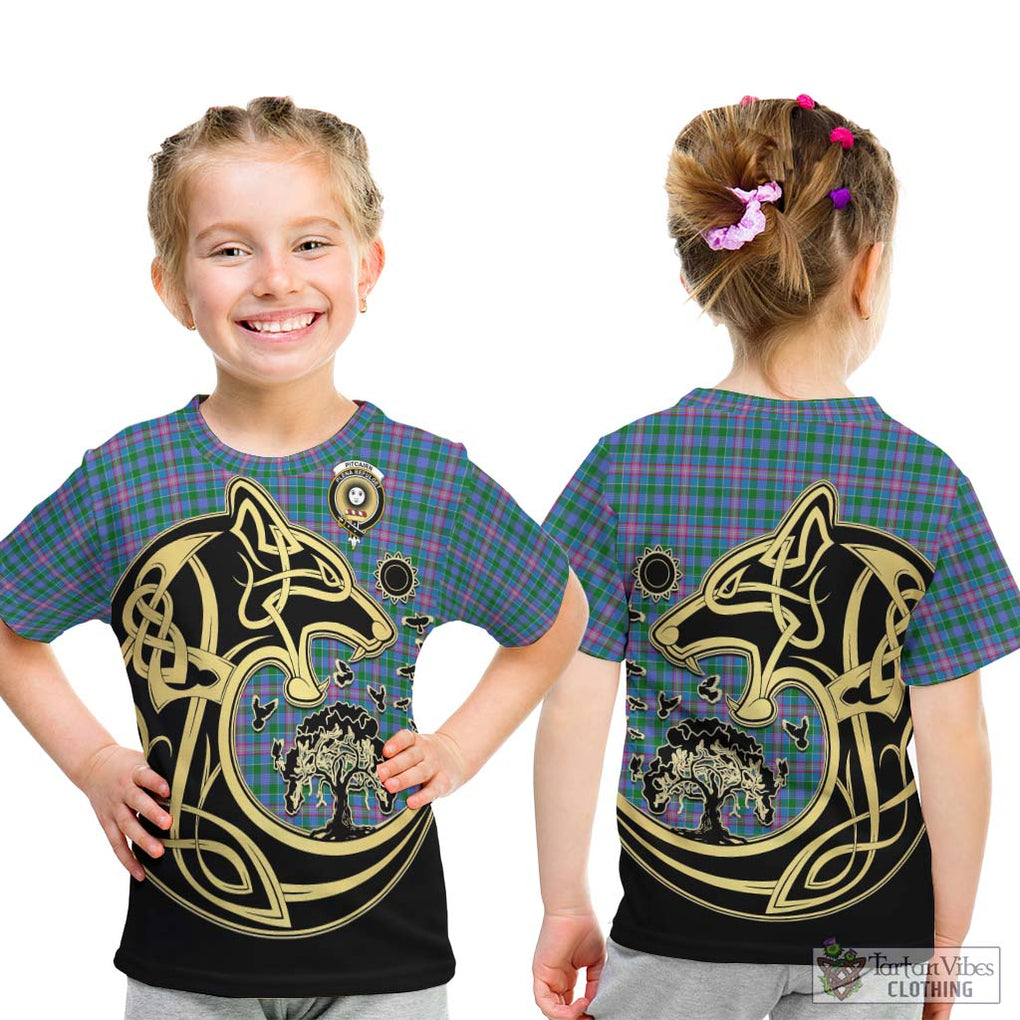 Pitcairn Tartan Kid T-Shirt with Family Crest Celtic Wolf Style - Tartan Vibes Clothing
