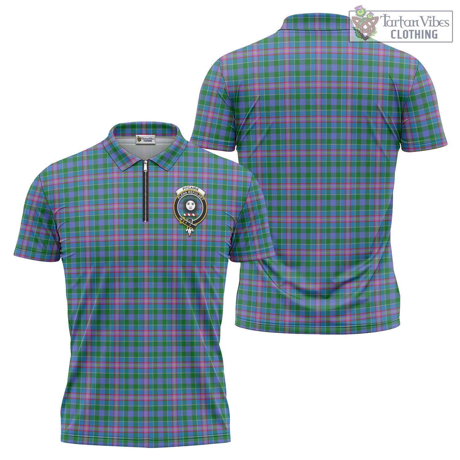 Pitcairn Tartan Zipper Polo Shirt with Family Crest - Tartan Vibes Clothing