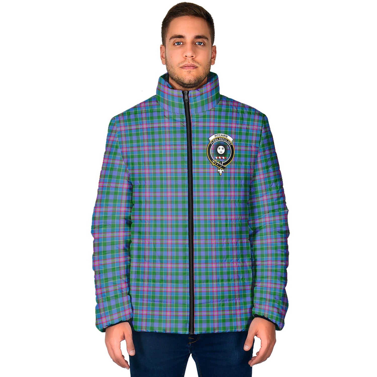 Pitcairn Tartan Padded Jacket with Family Crest - Tartan Vibes Clothing