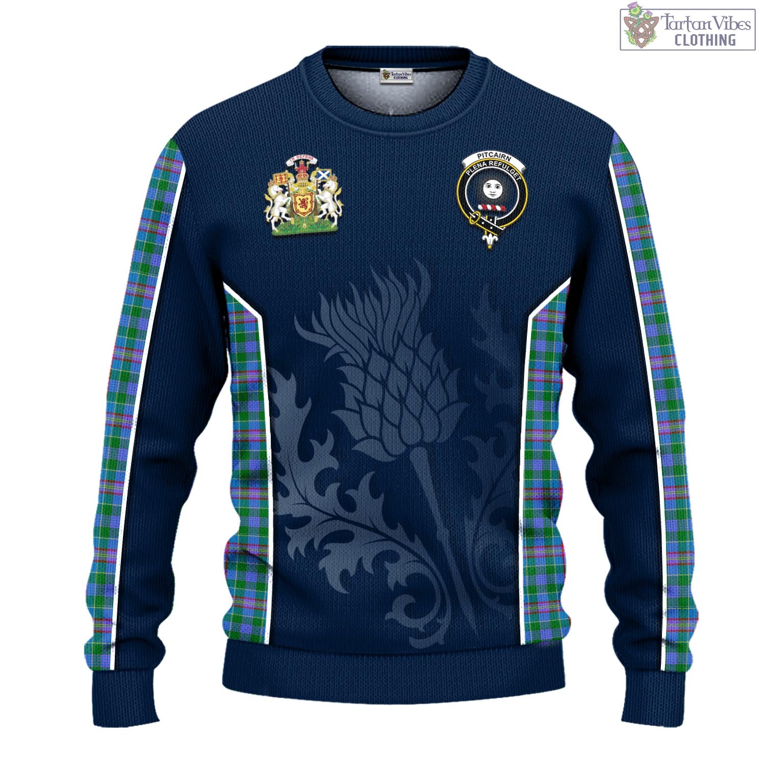 Pitcairn Tartan Knitted Sweatshirt with Family Crest and Scottish Thistle Vibes Sport Style - Tartan Vibes Clothing
