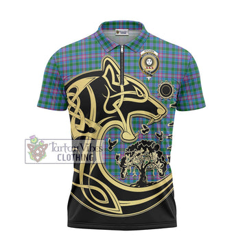 Pitcairn Tartan Zipper Polo Shirt with Family Crest Celtic Wolf Style - Tartan Vibes Clothing