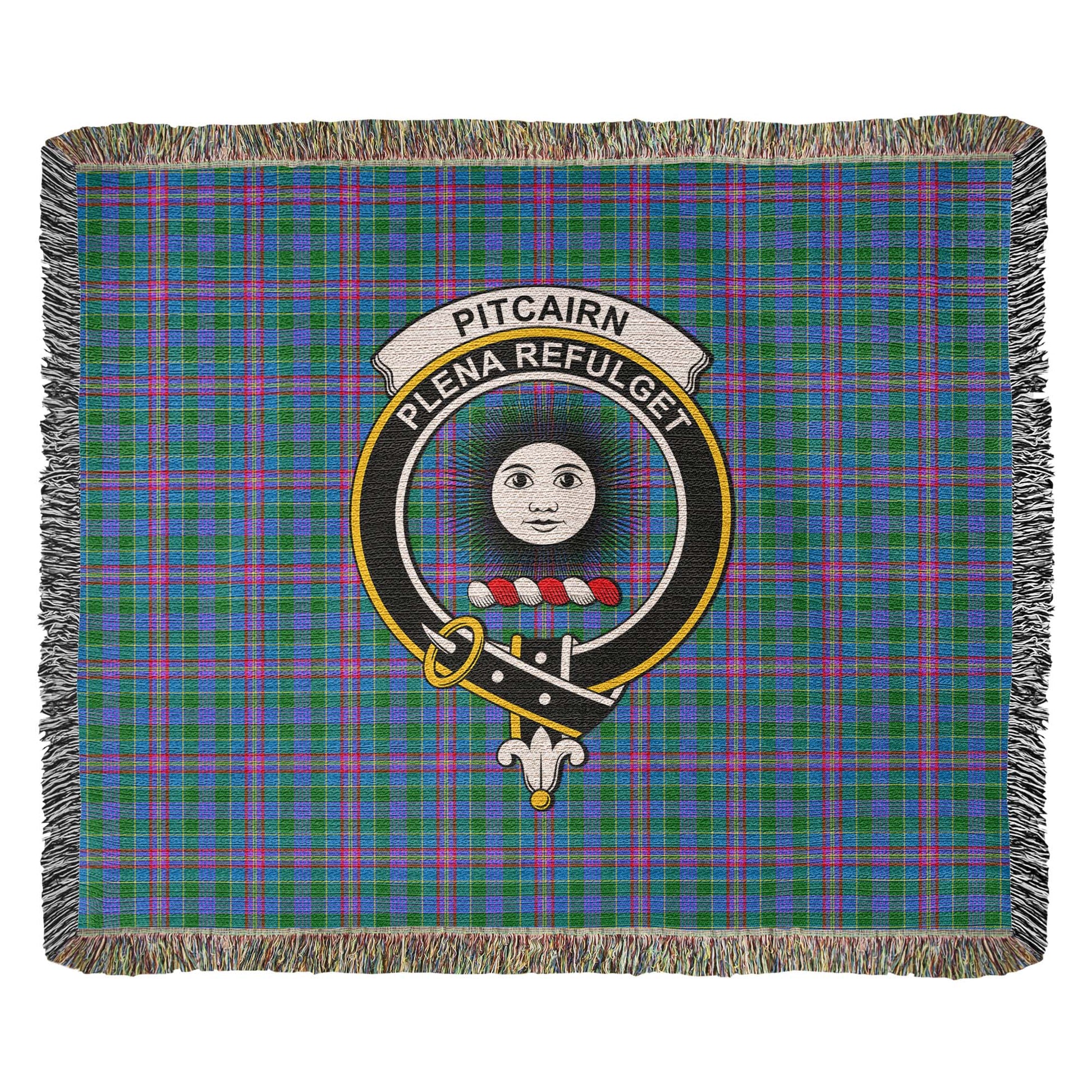 Tartan Vibes Clothing Pitcairn Hunting Tartan Woven Blanket with Family Crest
