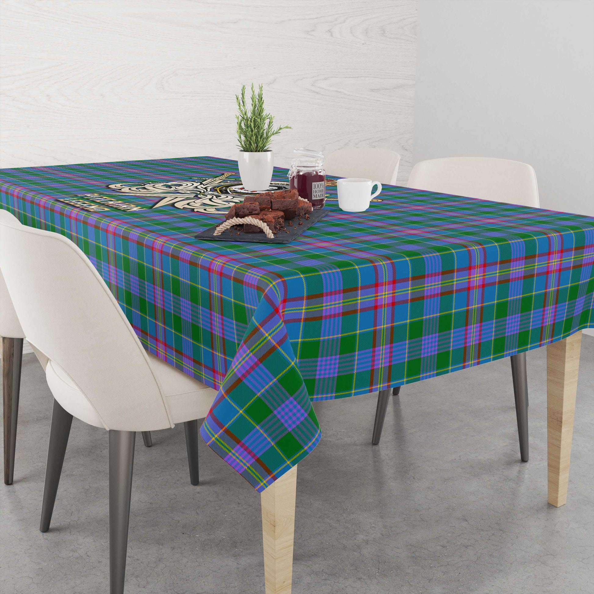 Tartan Vibes Clothing Pitcairn Hunting Tartan Tablecloth with Clan Crest and the Golden Sword of Courageous Legacy