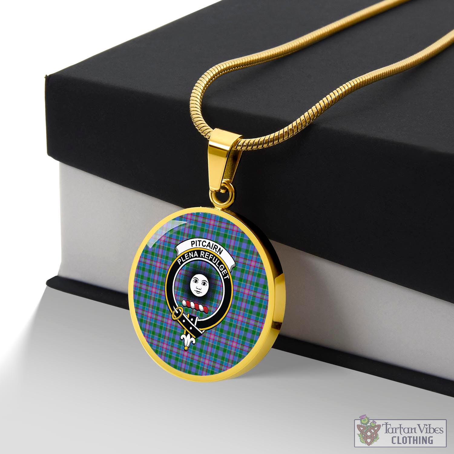 Tartan Vibes Clothing Pitcairn Hunting Tartan Circle Necklace with Family Crest