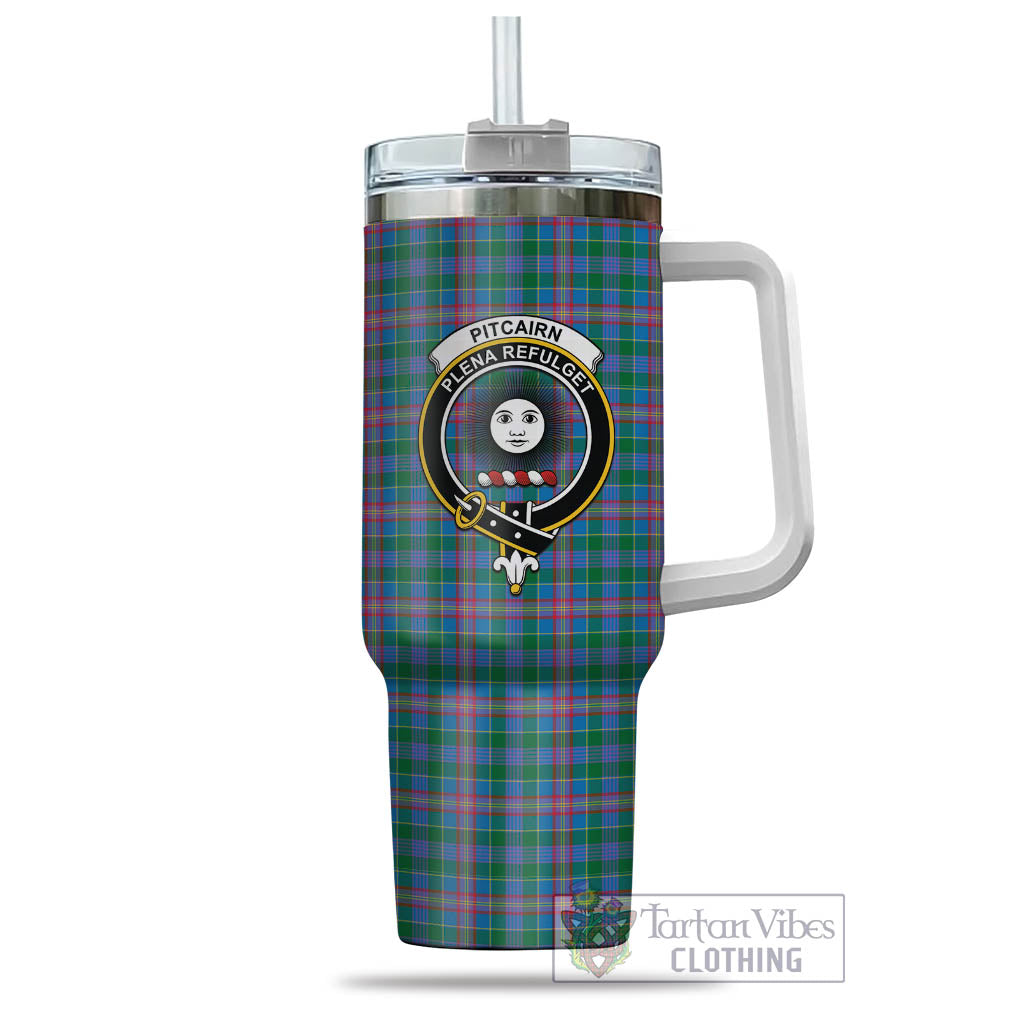 Pitcairn Tartan Tumbler with Handle with Family Crest - Tartan Vibes Clothing