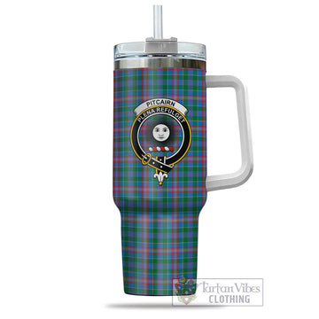 Pitcairn Tartan Tumbler with Handle with Family Crest - Tartan Vibes Clothing