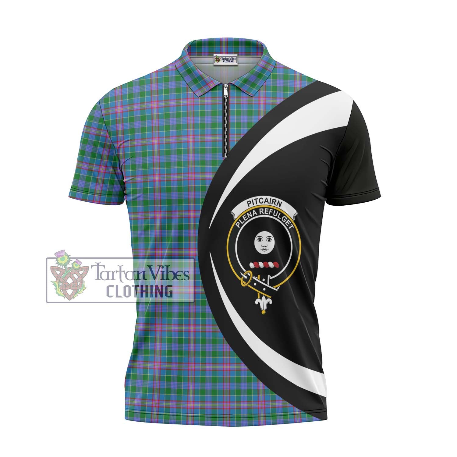 Pitcairn Tartan Zipper Polo Shirt with Family Crest Circle Style - Tartan Vibes Clothing