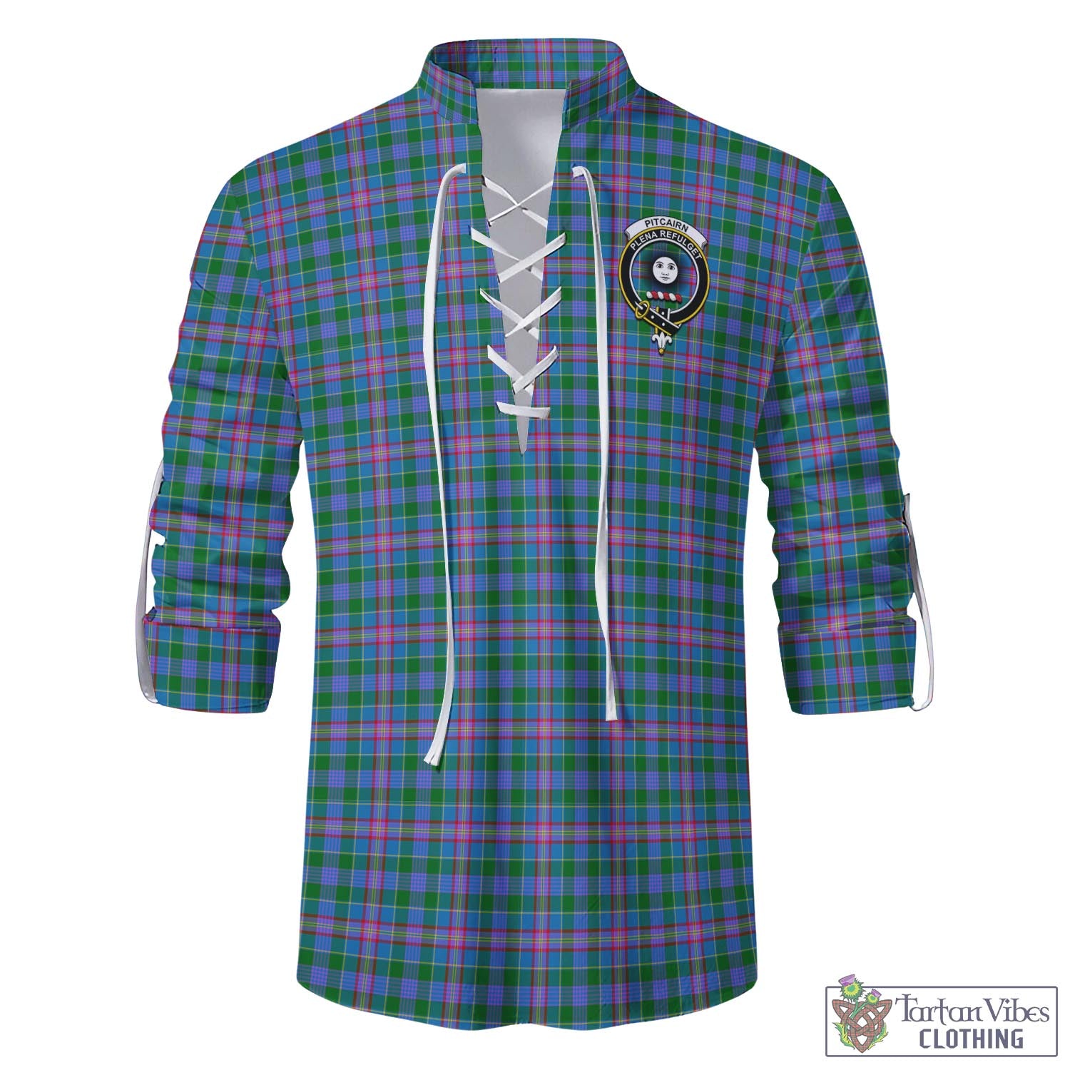 Tartan Vibes Clothing Pitcairn Hunting Tartan Men's Scottish Traditional Jacobite Ghillie Kilt Shirt with Family Crest