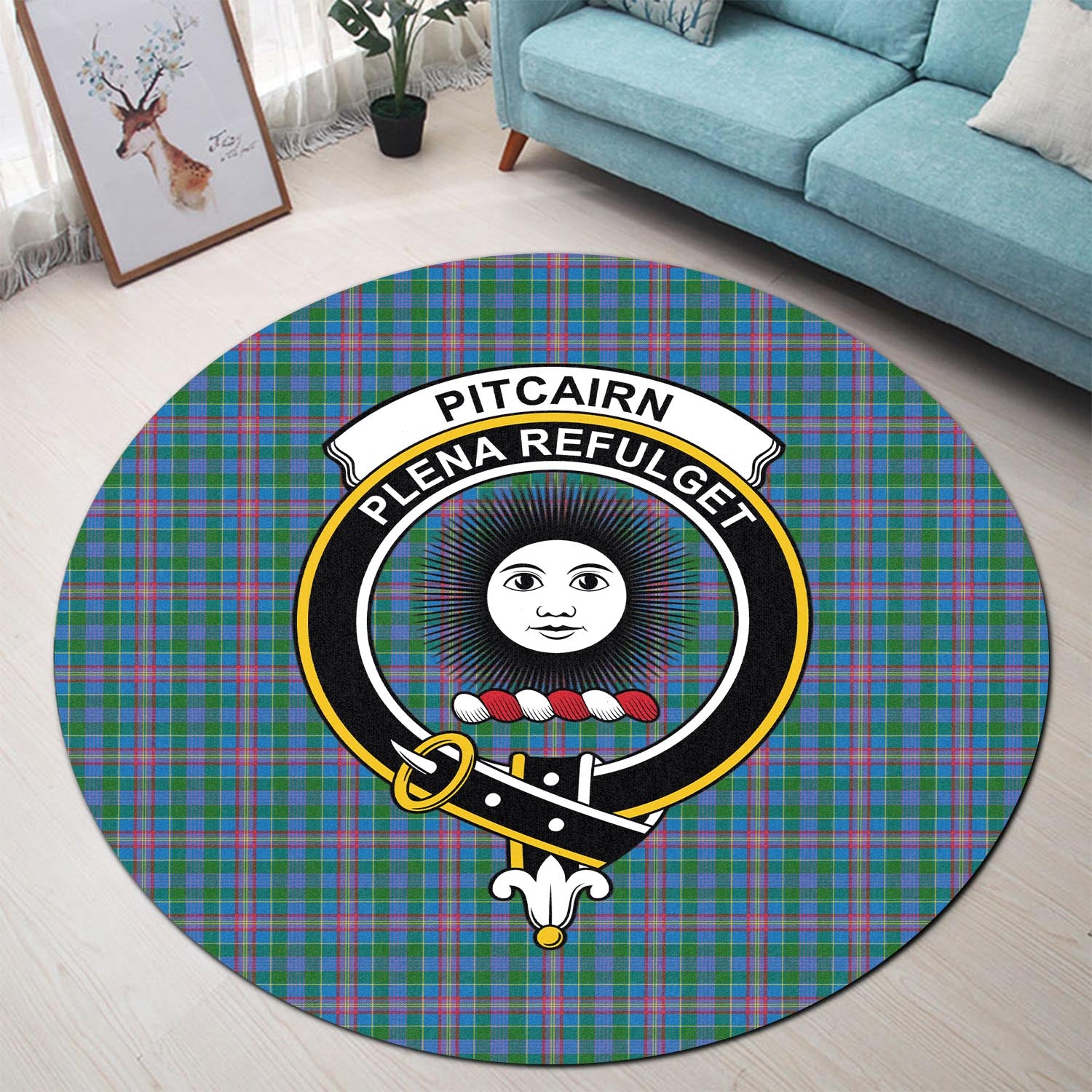 Pitcairn Tartan Round Rug with Family Crest - Tartan Vibes Clothing