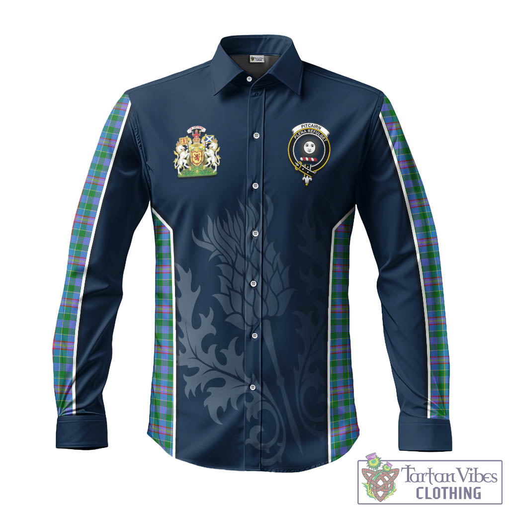 Tartan Vibes Clothing Pitcairn Hunting Tartan Long Sleeve Button Up Shirt with Family Crest and Scottish Thistle Vibes Sport Style