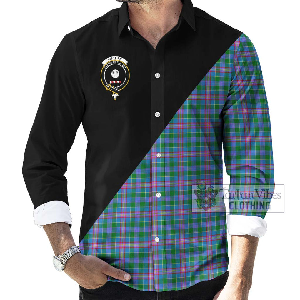 Pitcairn Tartan Long Sleeve Button Shirt with Family Crest and Military Logo Style - Tartanvibesclothing Shop