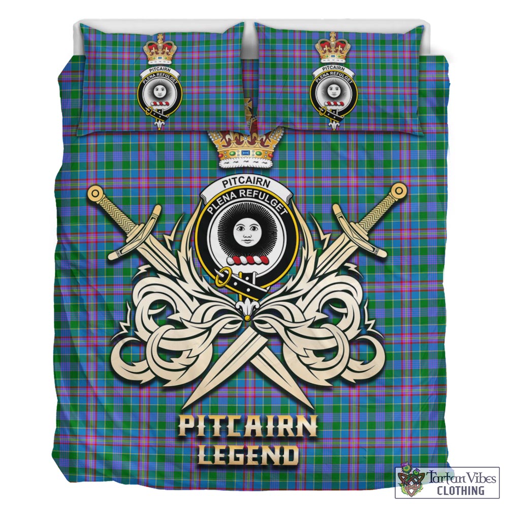 Tartan Vibes Clothing Pitcairn Hunting Tartan Bedding Set with Clan Crest and the Golden Sword of Courageous Legacy