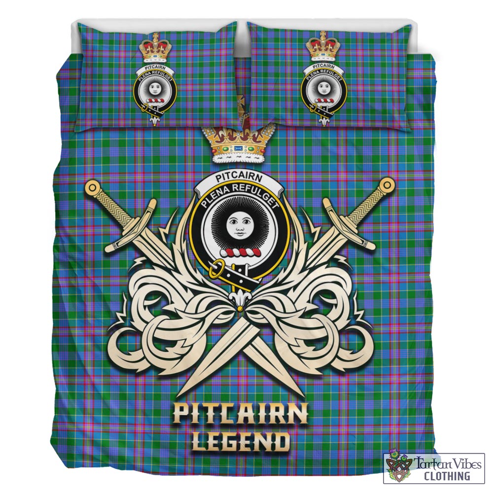 Tartan Vibes Clothing Pitcairn Hunting Tartan Bedding Set with Clan Crest and the Golden Sword of Courageous Legacy