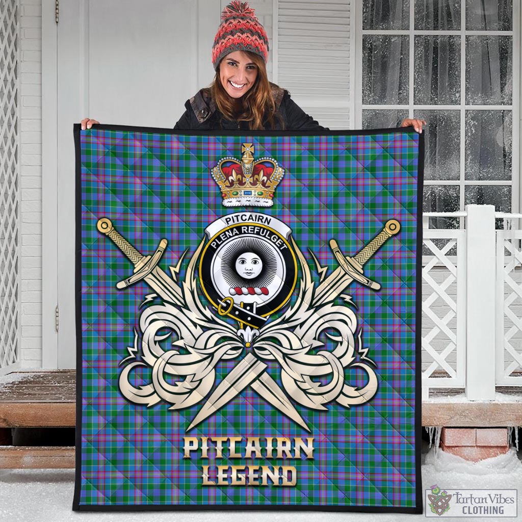 Tartan Vibes Clothing Pitcairn Hunting Tartan Quilt with Clan Crest and the Golden Sword of Courageous Legacy