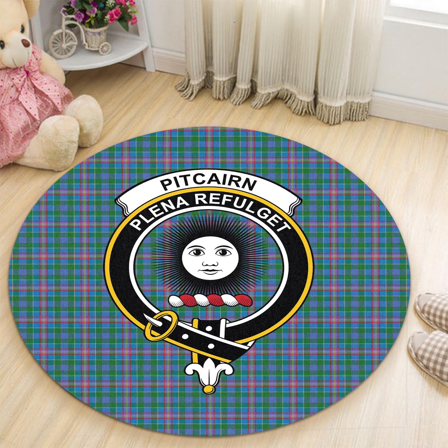 Pitcairn Tartan Round Rug with Family Crest - Tartan Vibes Clothing