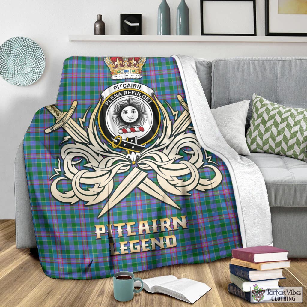 Tartan Vibes Clothing Pitcairn Hunting Tartan Blanket with Clan Crest and the Golden Sword of Courageous Legacy