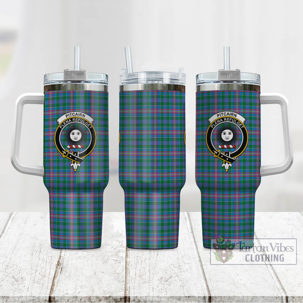 Pitcairn Tartan Tumbler with Handle with Family Crest - Tartan Vibes Clothing