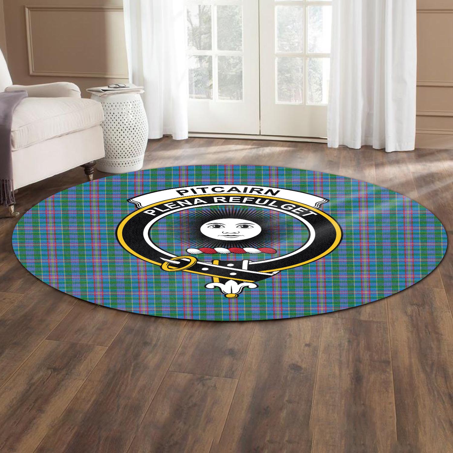 Pitcairn Tartan Round Rug with Family Crest - Tartan Vibes Clothing