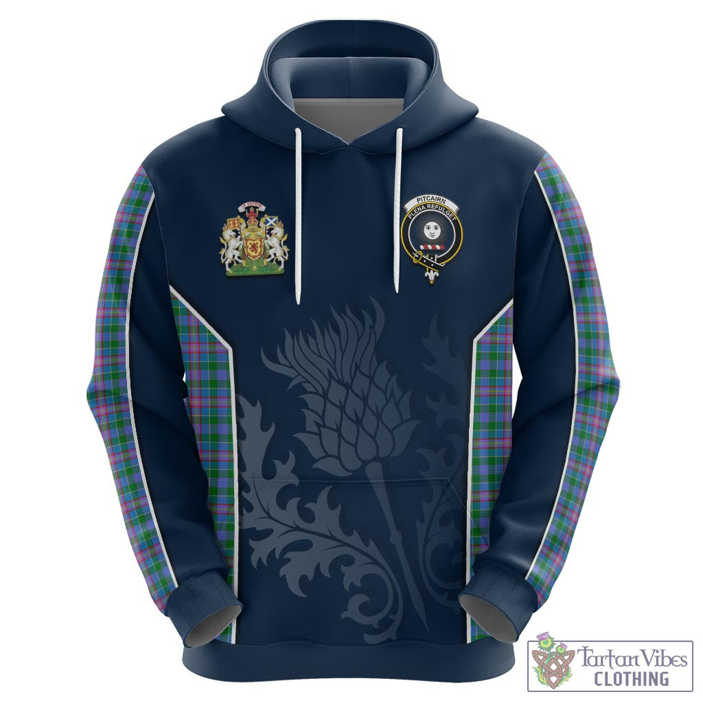 Tartan Vibes Clothing Pitcairn Hunting Tartan Hoodie with Family Crest and Scottish Thistle Vibes Sport Style