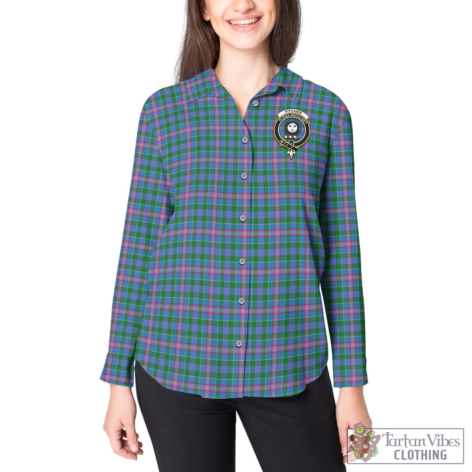 Tartan Vibes Clothing Pitcairn Hunting Tartan Womens Casual Shirt with Family Crest
