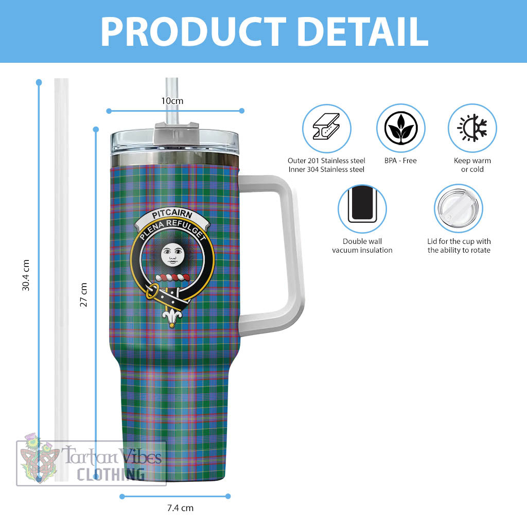 Pitcairn Tartan Tumbler with Handle with Family Crest - Tartan Vibes Clothing