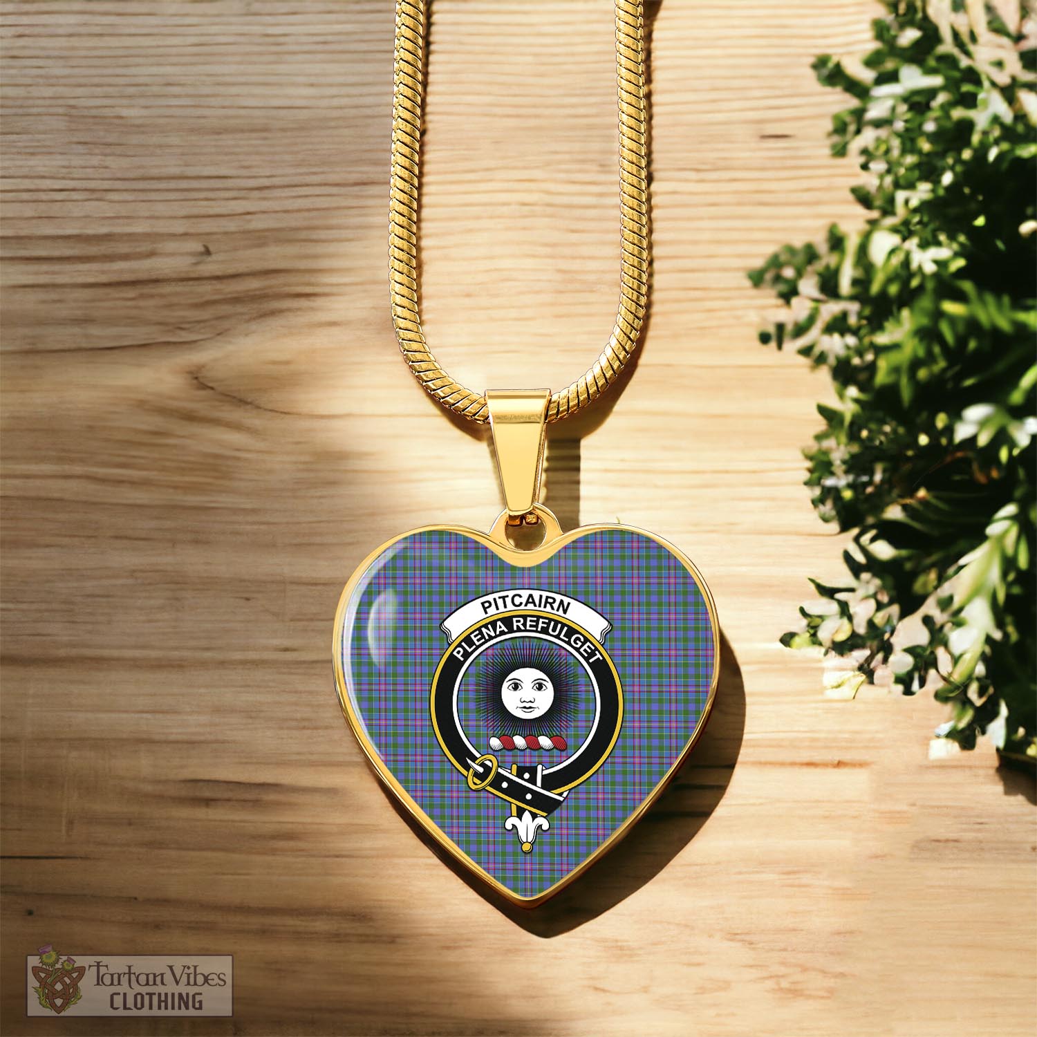 Pitcairn Tartan Heart Necklace with Family Crest Luxury Necklace (Gold) No - Tartan Vibes Clothing