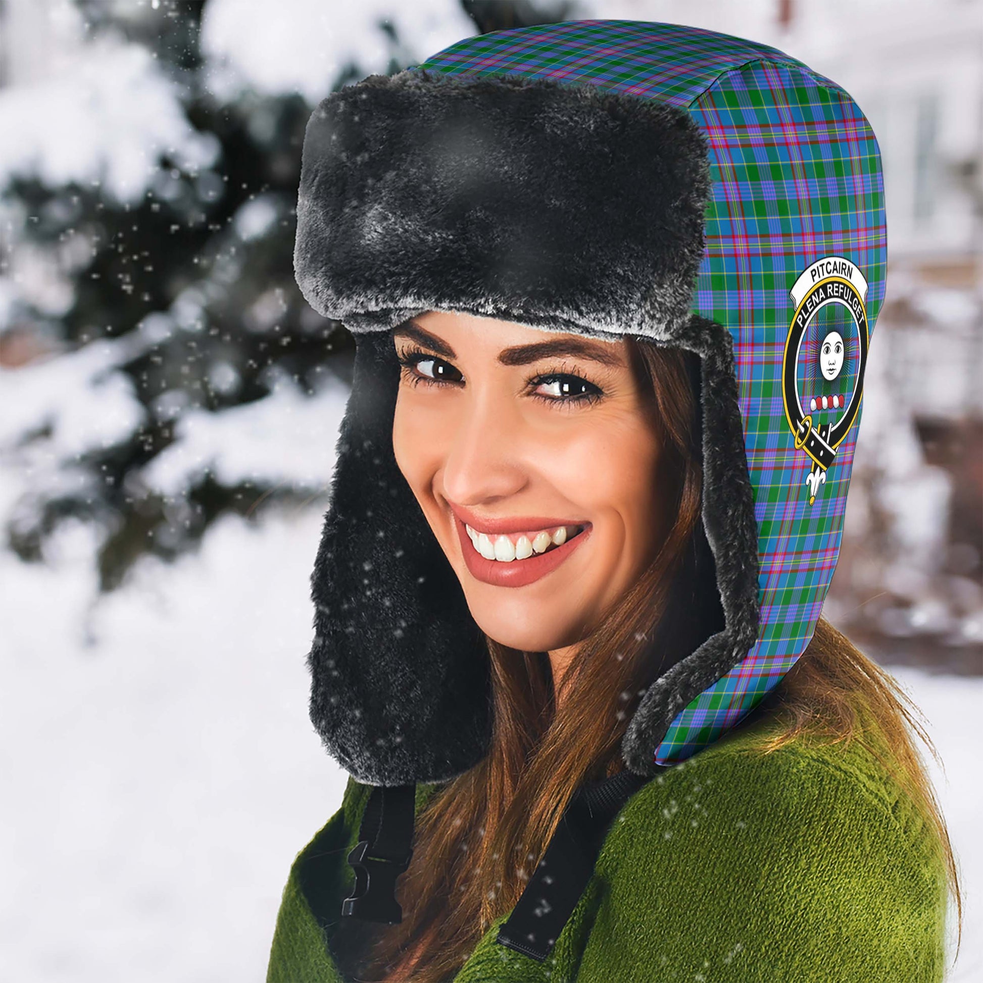 Pitcairn Hunting Tartan Winter Trapper Hat with Family Crest - Tartanvibesclothing