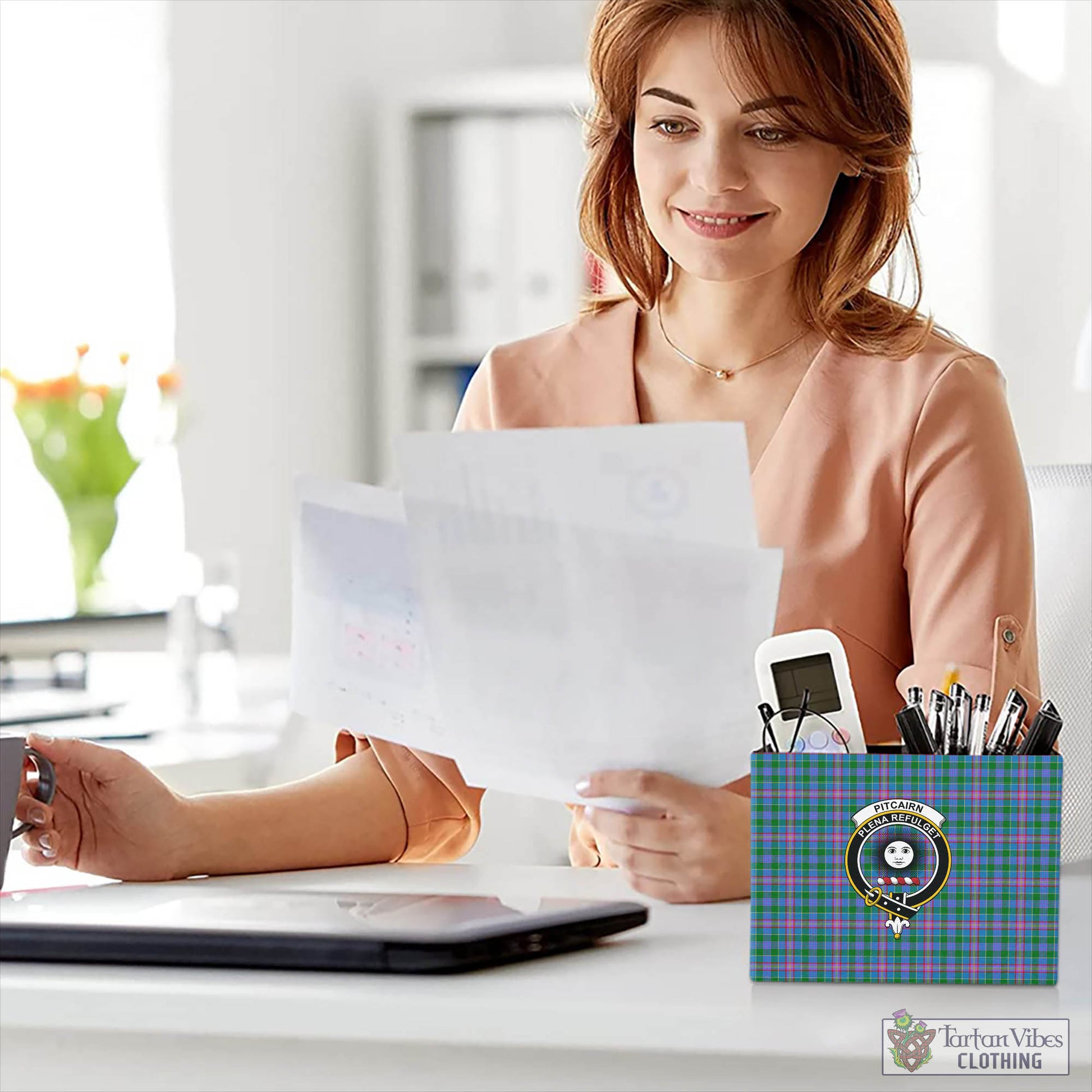 Pitcairn Tartan Pen Holder with Family Crest - Tartan Vibes Clothing