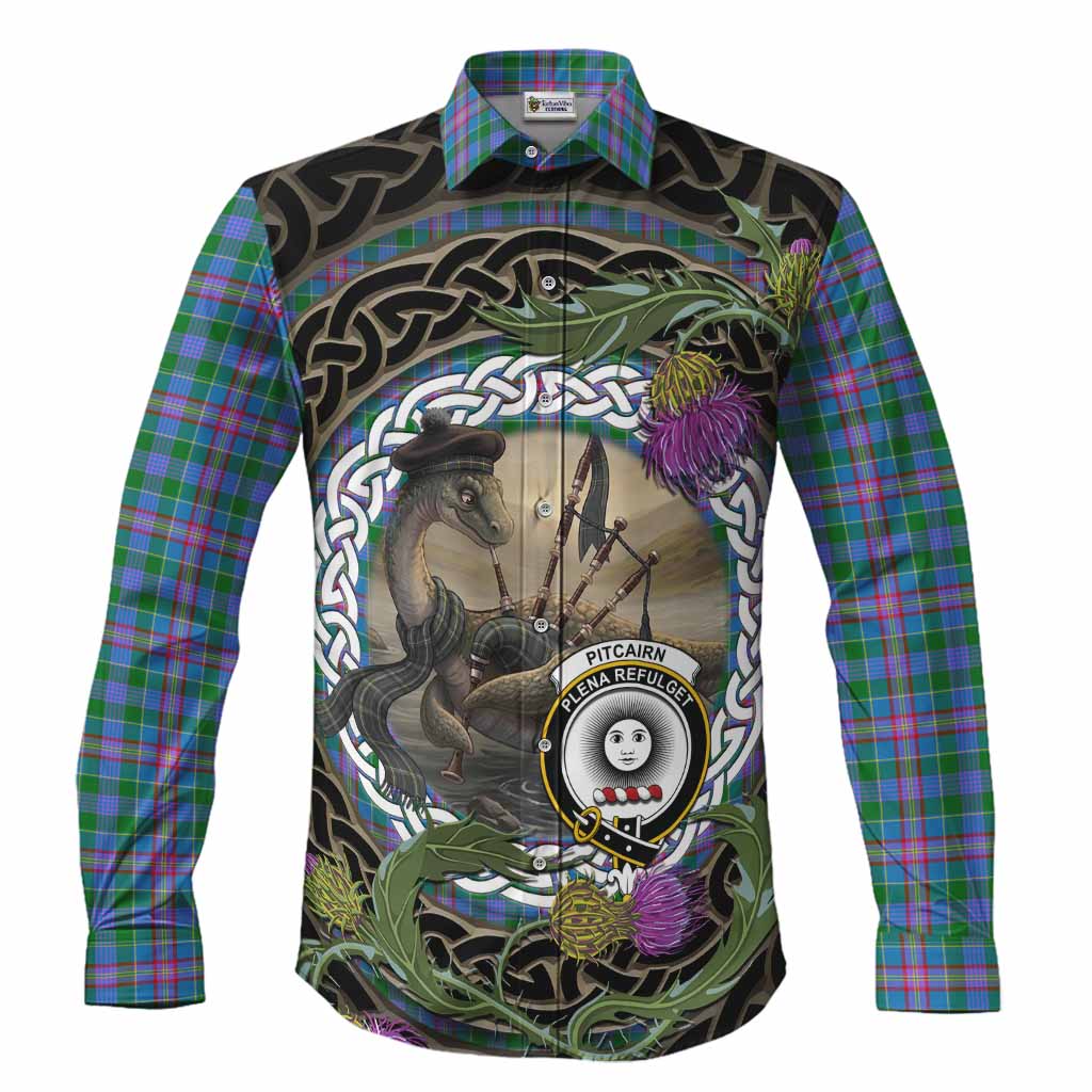 Pitcairn Tartan Crest Bagpipe Nessie Long Sleeve Button Shirts Scottish Loch Ness Monster Celtic Thistle