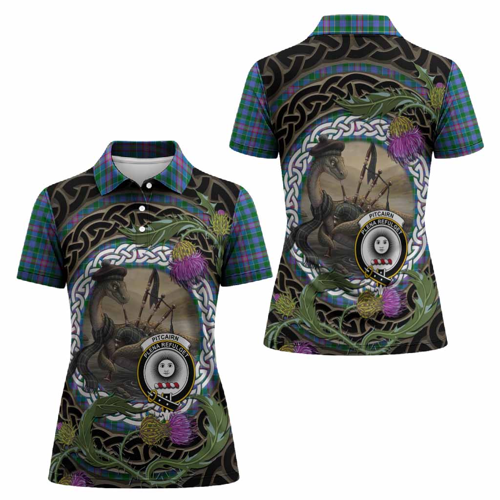 Pitcairn Tartan Crest Bagpipe Nessie Women Polo Shirt Scottish Loch Ness Monster Celtic Thistle