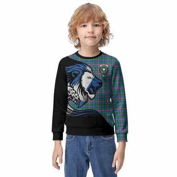 Pitcairn Tartan Crest Kid Knitted Sweatshirt Scottish Golden Lions Wave Flow