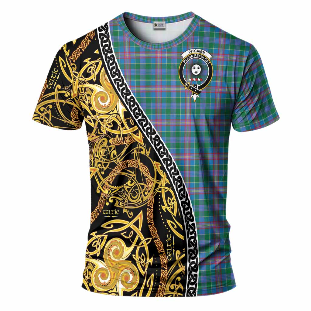 Pitcairn Tartan Crest T-Shirt Celtic Knot and Triple Trickle Spiral Symbols