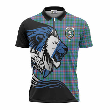 Pitcairn Tartan Crest Zipper Polo Shirt Scottish Golden Lions Wave Flow