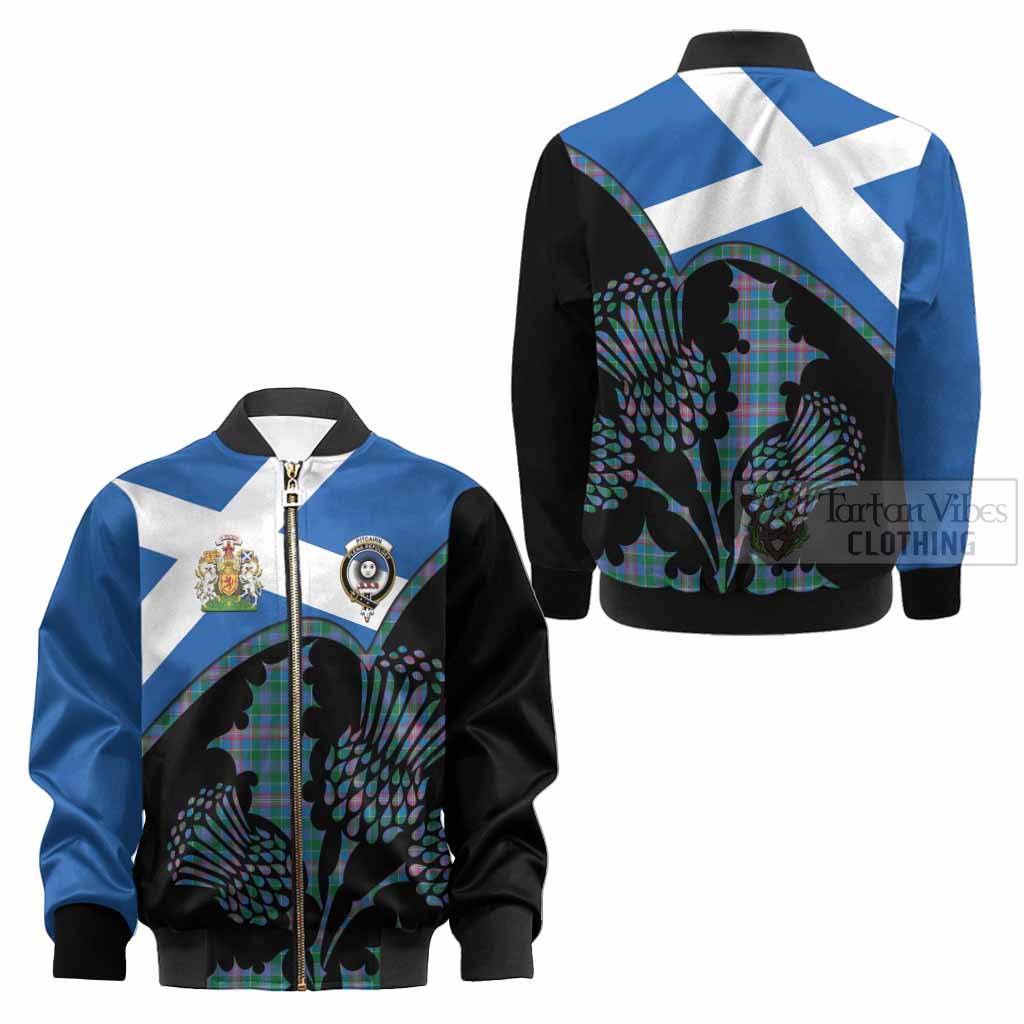 Pitcairn Tartan Family Crest Kid Bomber Jacket Scotland Thistle Floral Flag Style