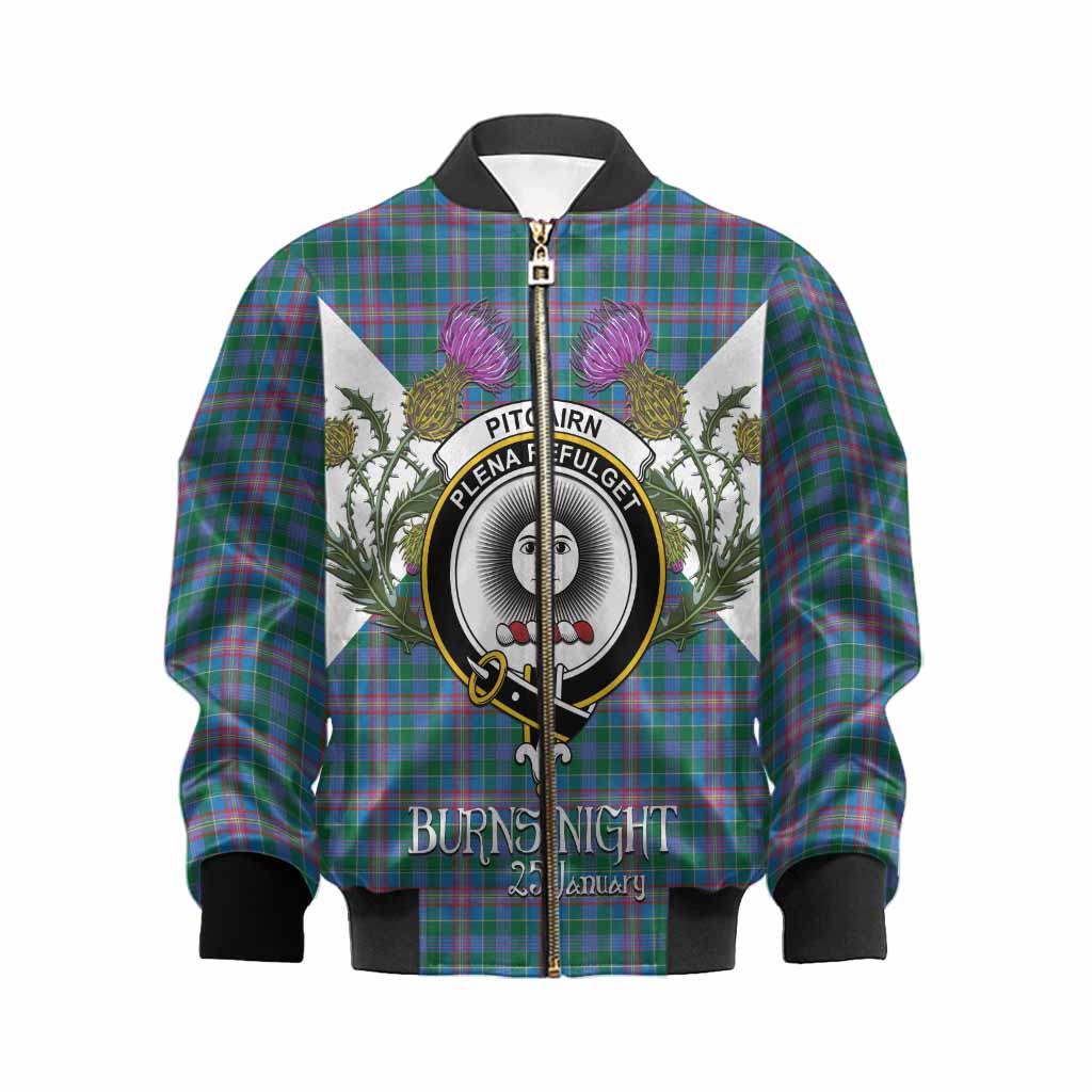 Pitcairn Tartan Family Crest Kid Bomber Jacket Scottish Burns Night Thistle Floral