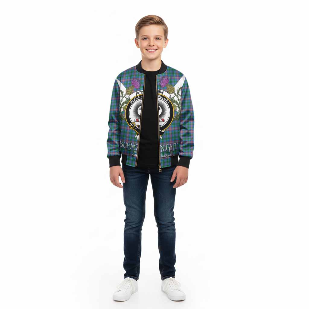 Pitcairn Tartan Family Crest Kid Bomber Jacket Scottish Burns Night Thistle Floral