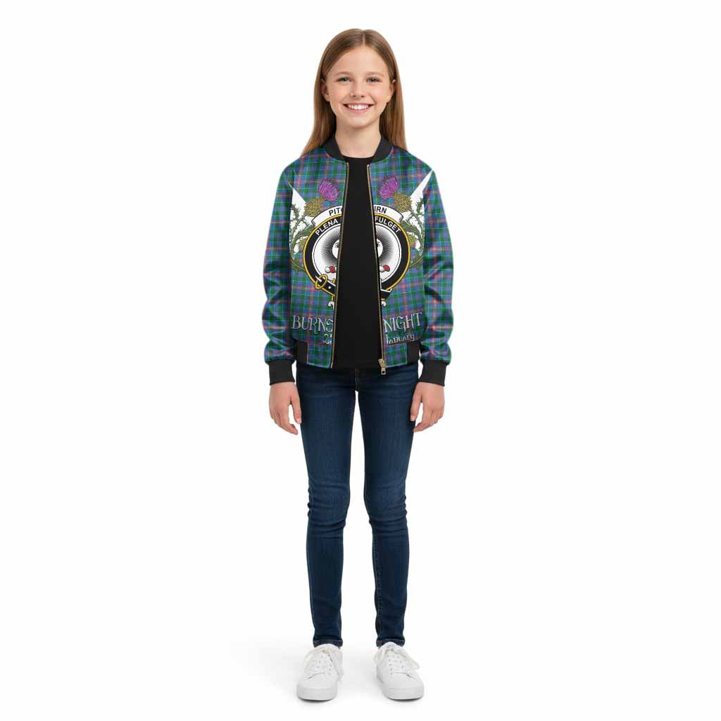 Pitcairn Tartan Family Crest Kid Bomber Jacket Scottish Burns Night Thistle Floral