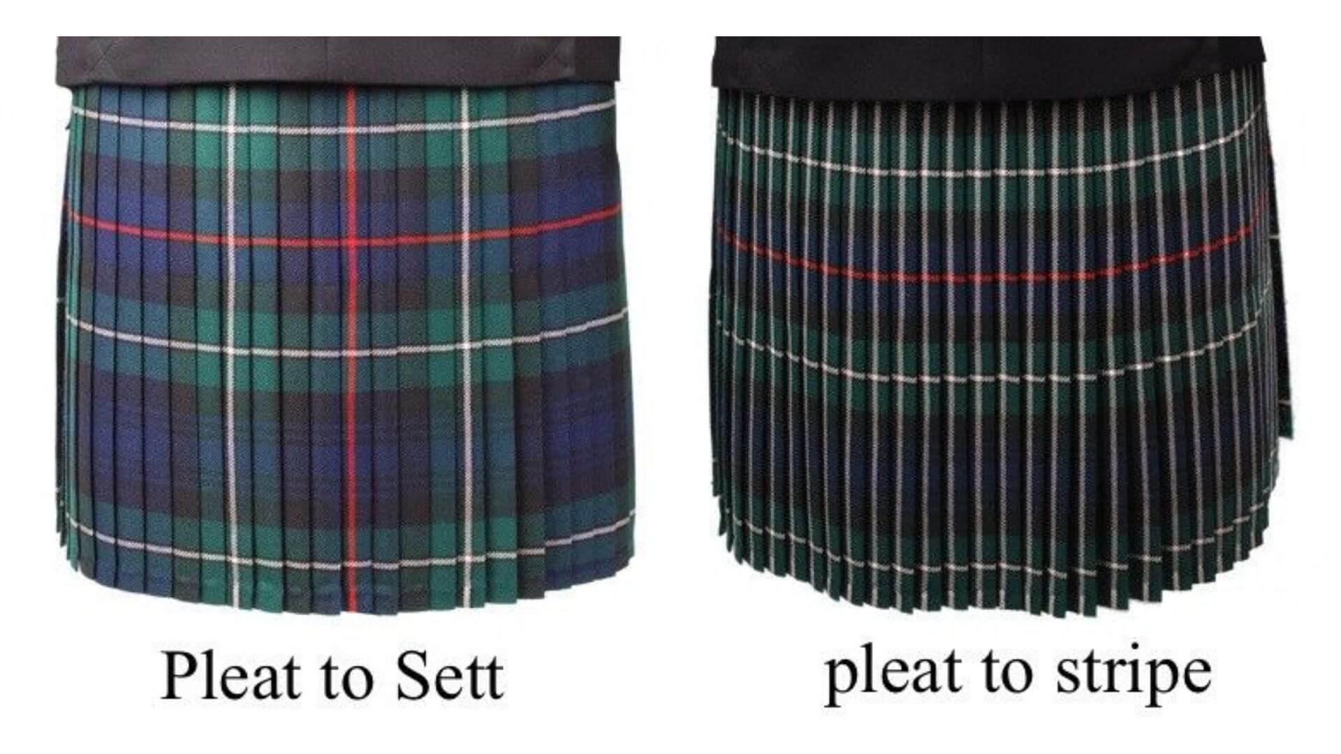 Kilt pleating styles comparison – pleat to the sett vs pleat to the stripe in tartan fabric