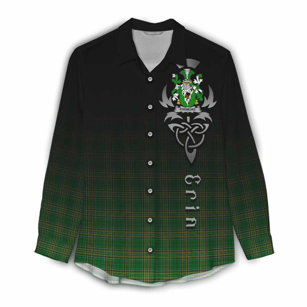 Tartan Vibes Clothing Podmore Irish Clan Women's Casual Shirt with Coat of Arms Erin Go Bragh Celtic Inspired