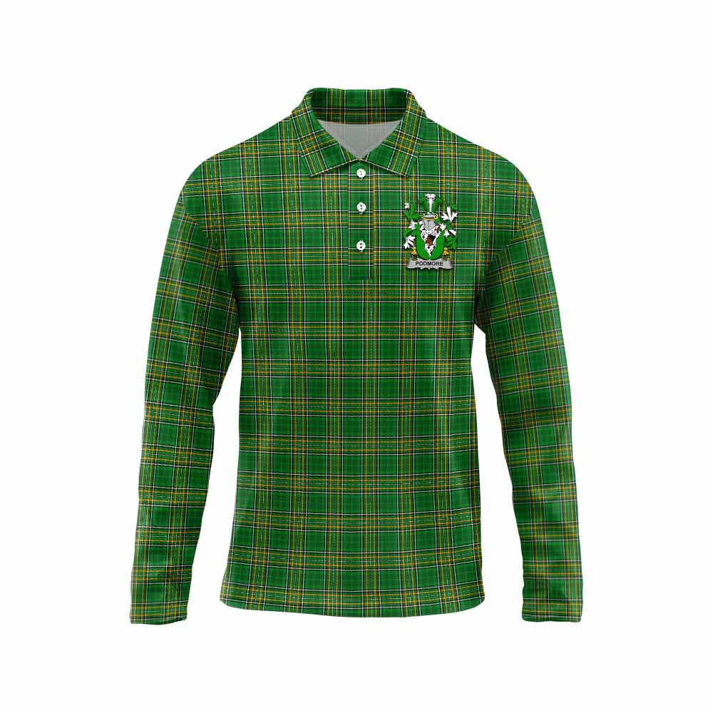 Tartan Vibes Clothing Podmore Irish Clan Tartan Long Sleeve Polo Shirt with Coat of Arms