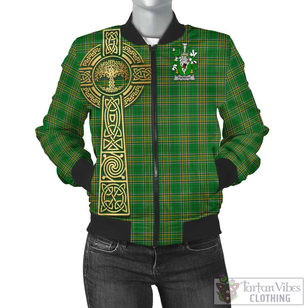 Tartan Vibes Clothing Podmore Irish Clan Tartan Bomber Jacket with Coat of Arms Celtic Tree of Life Style