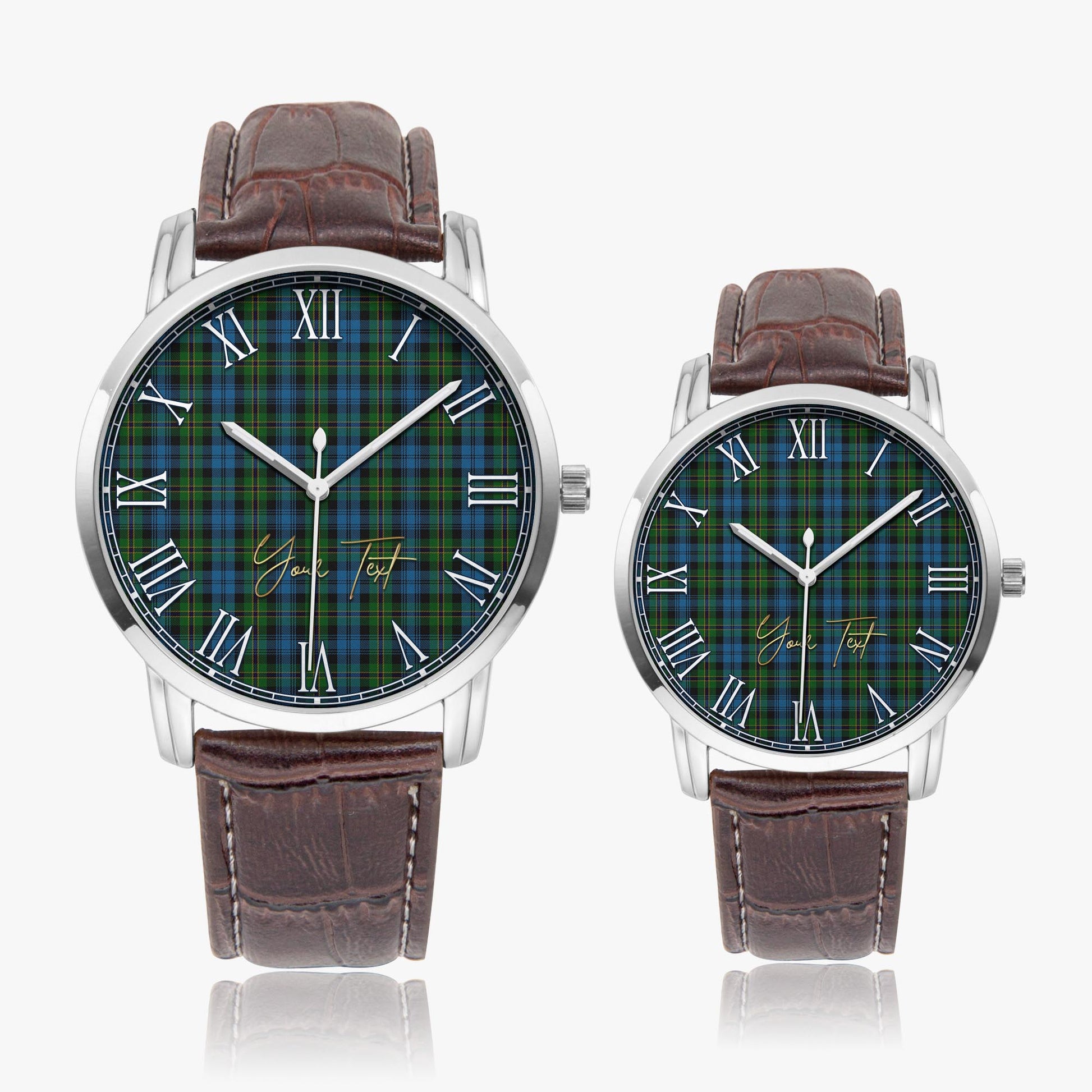 Polaris Military Tartan Personalized Your Text Leather Trap Quartz Watch Wide Type Silver Case With Brown Leather Strap - Tartanvibesclothing