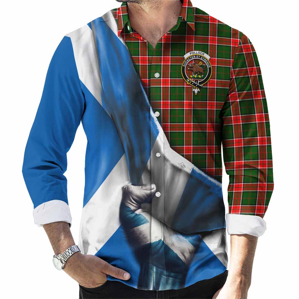 Pollock Tartan Long Sleeve Button Shirt with Family Crest Scotland Patriotic Style Men's Shirt S - Tartan Vibes Clothing