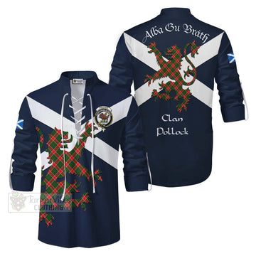 Pollock Tartan Lion Rampant Ghillie Kilt Shirt Proudly Display Your Heritage with Alba Gu Brath and Clan Name Men - Tartan Vibes Clothing