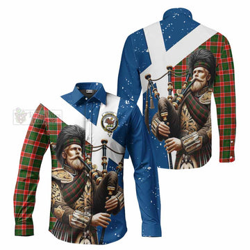 Pollock Tartan Long Sleeve Button Shirt with Family Crest Scottish Bagpiper Vibes Men's Shirt - Tartan Vibes Clothing