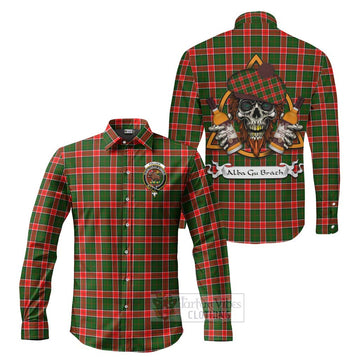 Pollock Tartan Long Sleeve Button Shirt with Family Crest and Bearded Skull Holding Bottles of Whiskey Men's Shirt S - Tartan Vibes Clothing